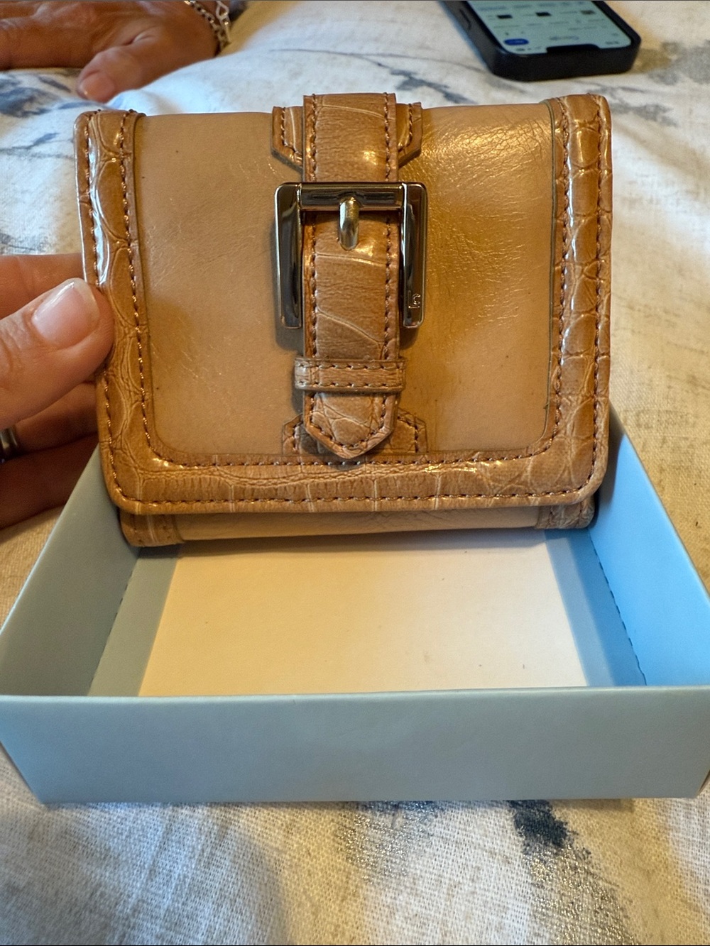 NWT! Compact Tan Leather Wallet with Buckle Accent